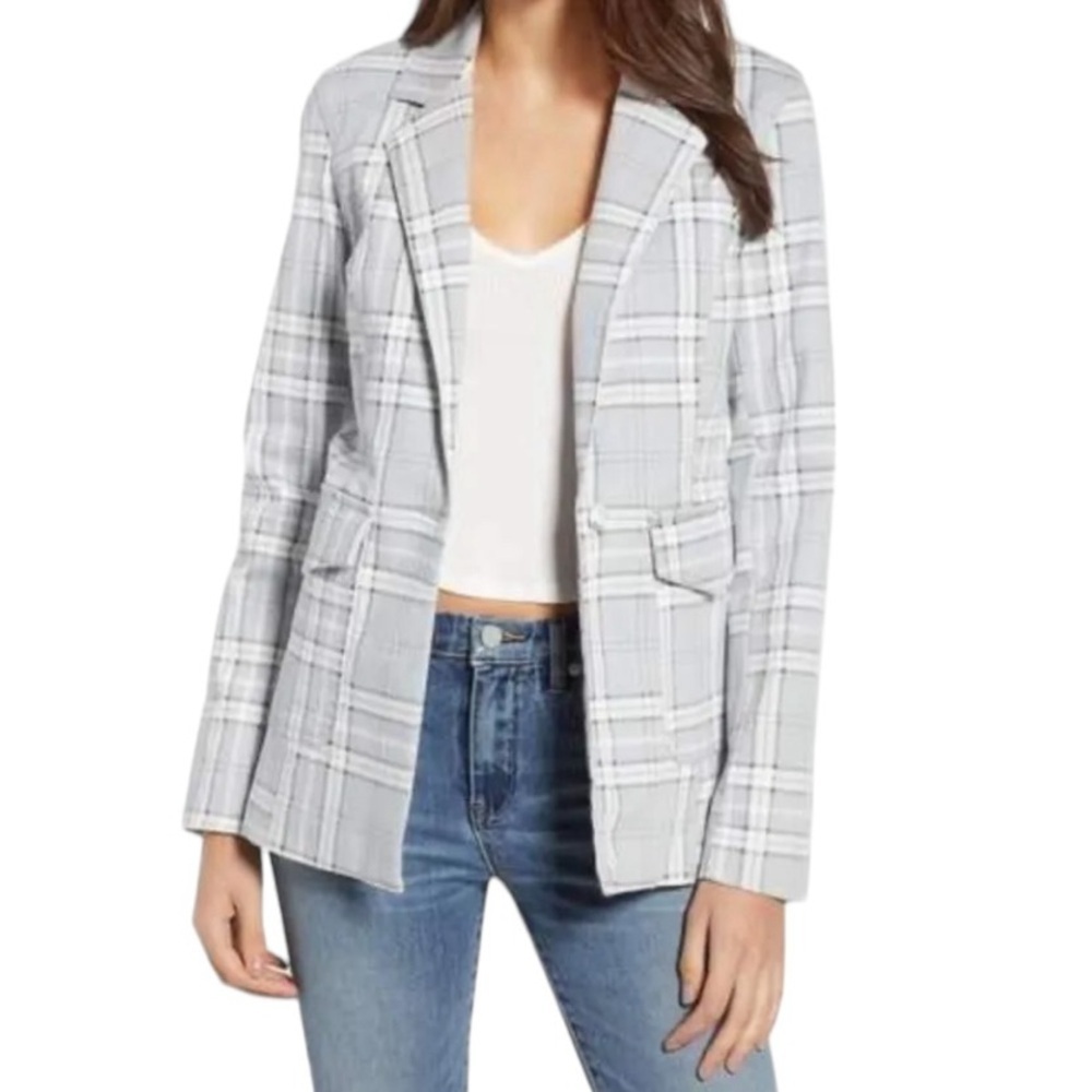 AFRM | Lila Gray Pink Plaid Cotton Blend Denim Blazer Size Small